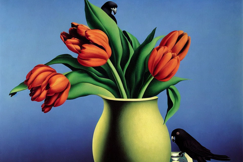 Bright orange tulips in yellow vase on blue background with black birds