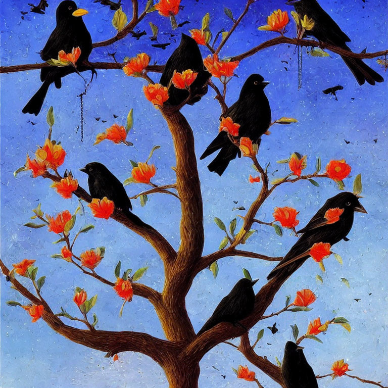 Colorful Painting: Seven Black Birds on Tree Branches with Orange Blossoms