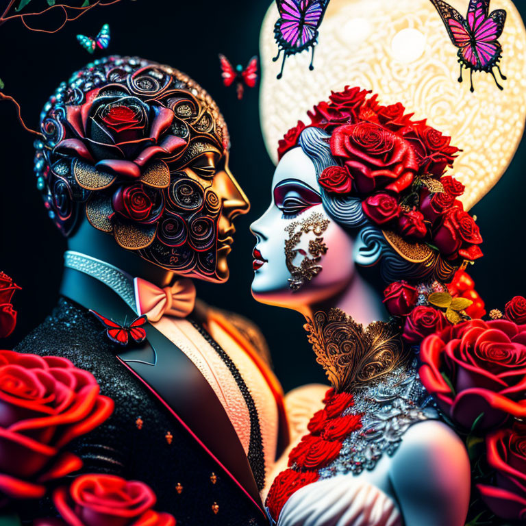 Vibrant Day of the Dead digital artwork with couple, floral, skull motifs