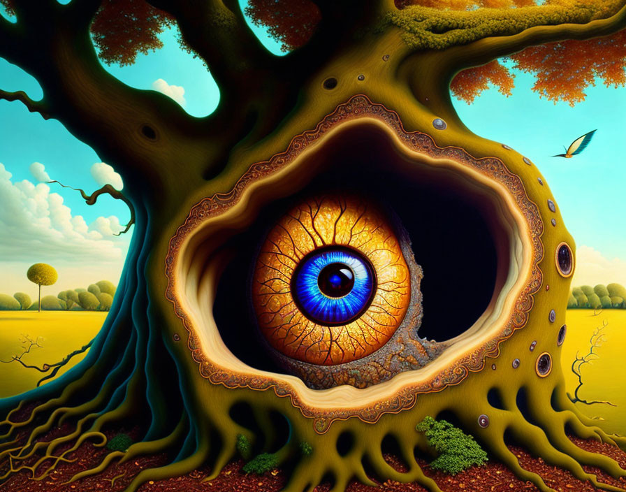 Surreal tree illustration with large eye in hollow, set in stylized landscape