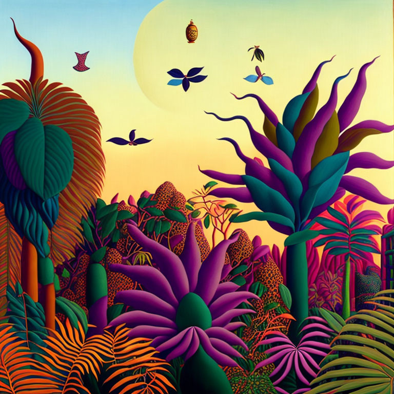 Colorful Tropical Forest Illustration with Oversized Plants and Flying Insects