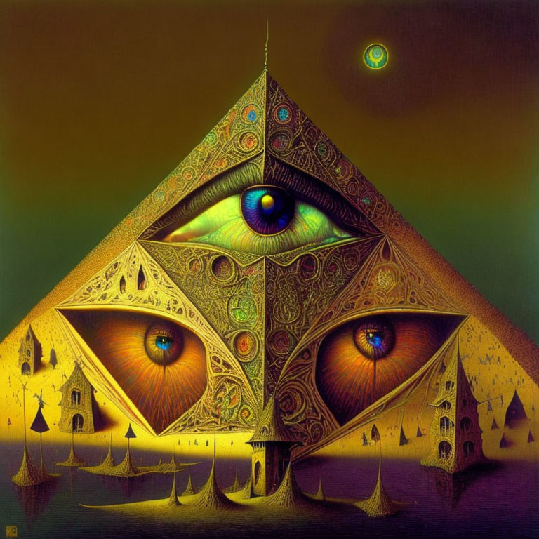 Colorful Pyramid with Illuminating Eyes in Twilight Sky