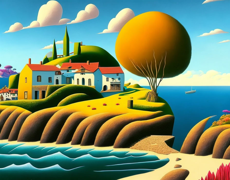 Surreal landscape with orange tree, white houses, sailboat