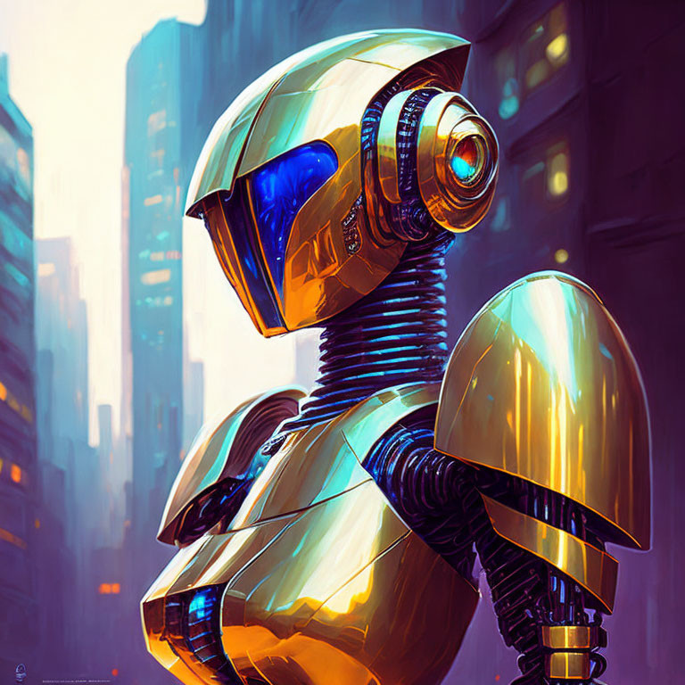 Futuristic gold-and-silver robot with blue visor in urban alleyway.