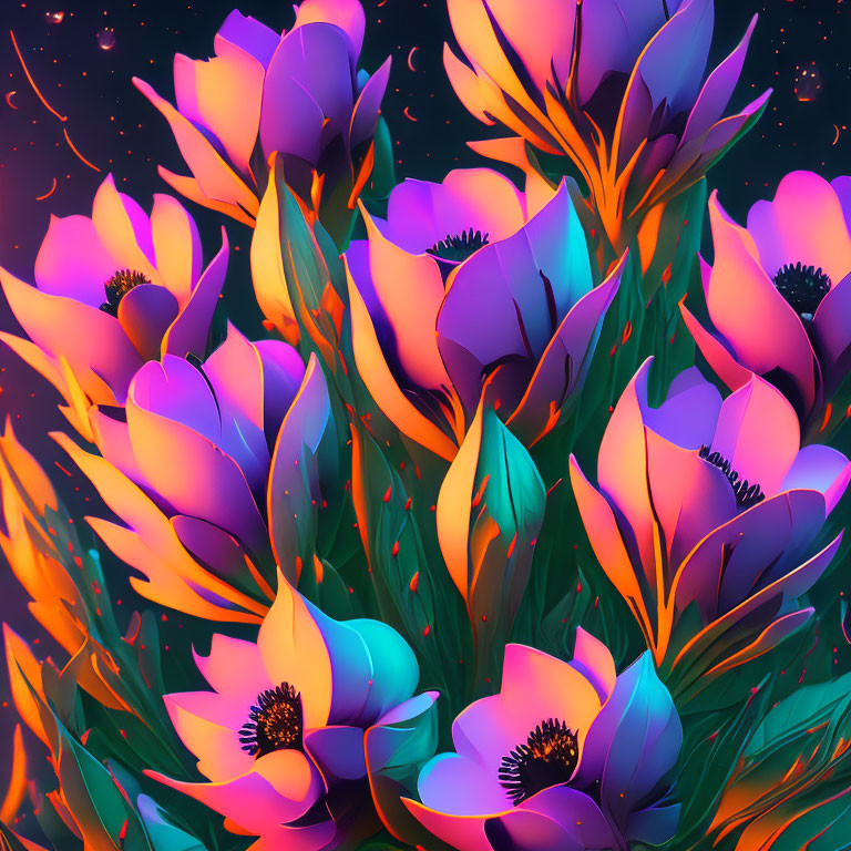 Colorful digital illustration of glowing flowers on a starry dark background