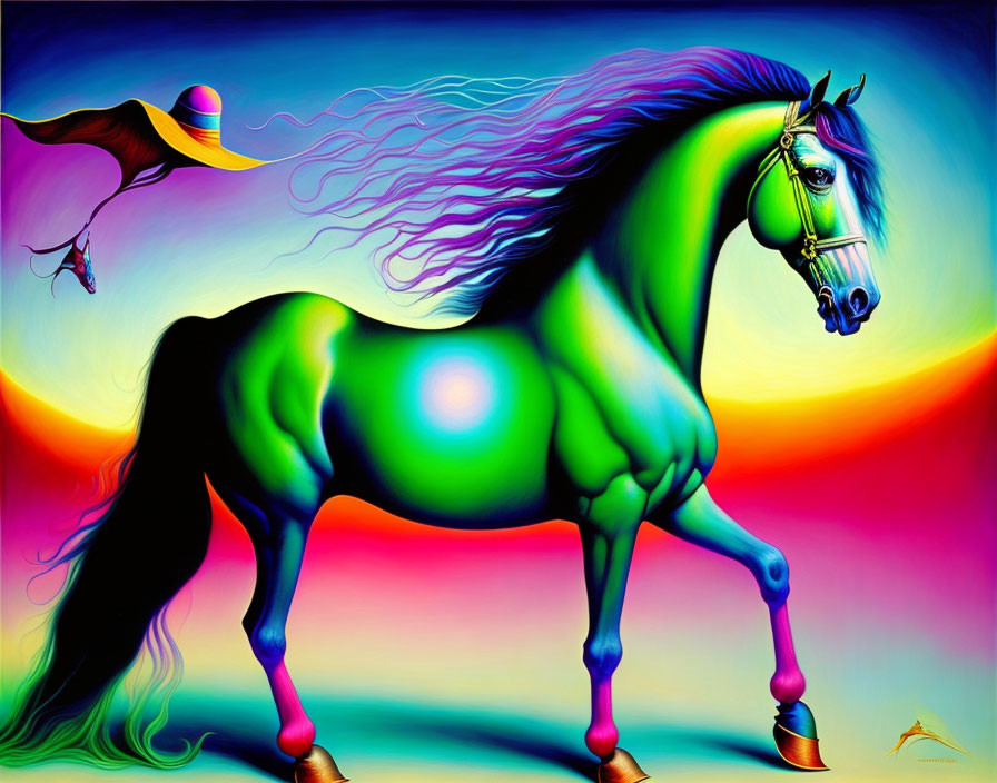 Colorful surreal horse with flowing mane on rainbow background