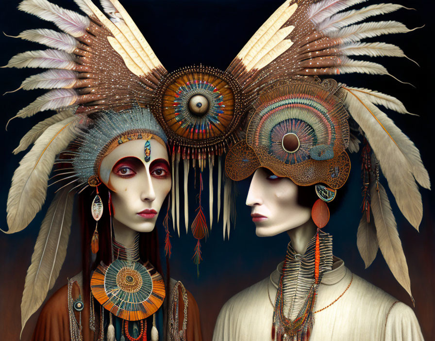 Elaborate tribal headdresses with feathers and beads.