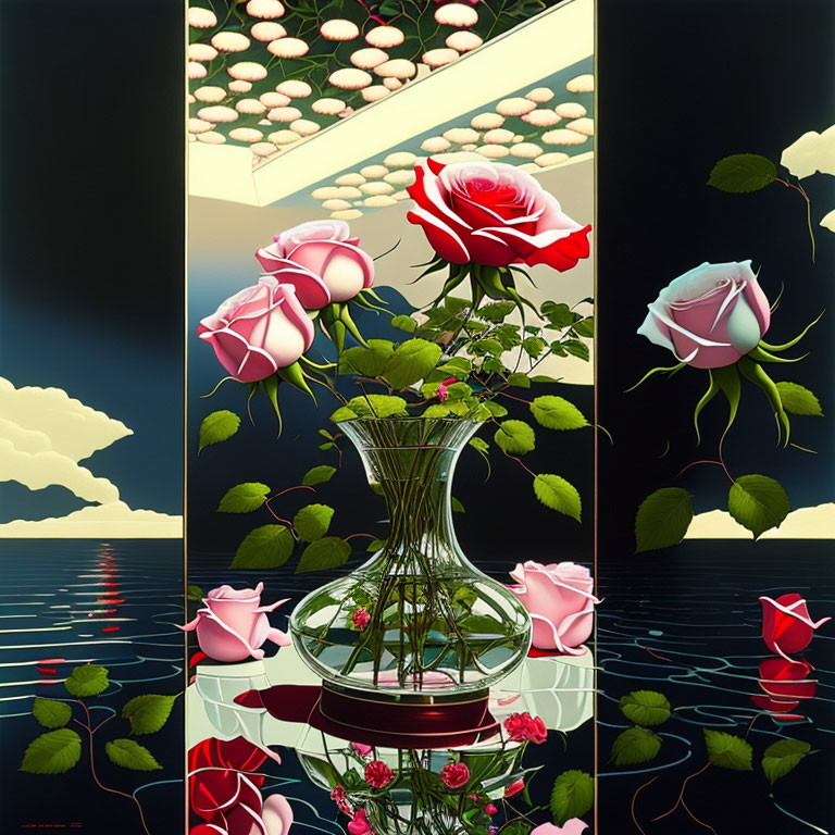 Surreal artwork: vase with roses, water reflection, lit ceiling, clouds