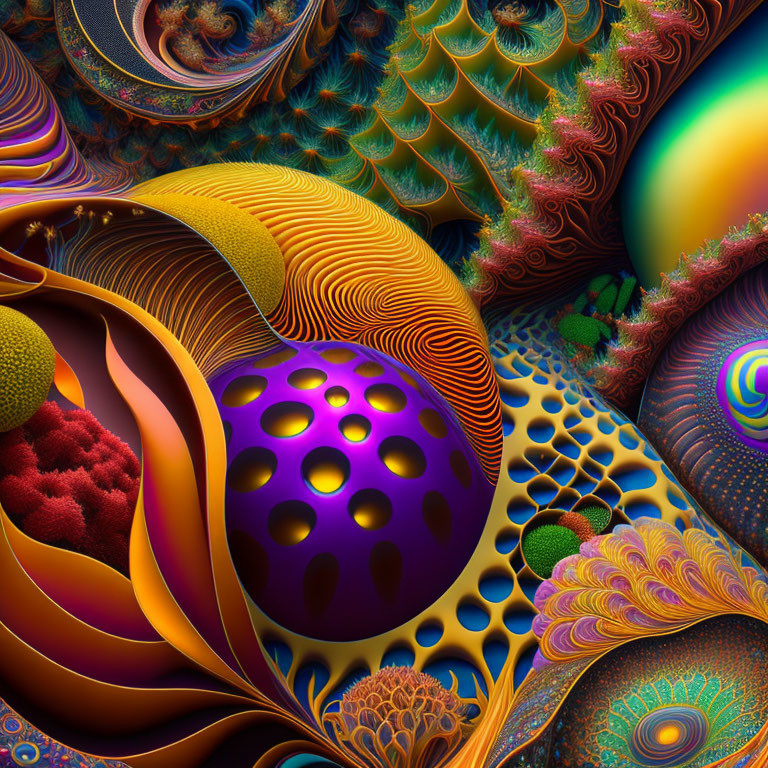 Colorful Fractal Image with Complex Patterns and Spherical Object