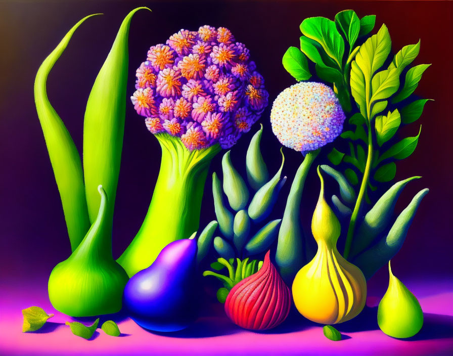 Colorful Still Life Painting of Vegetables and Flowers