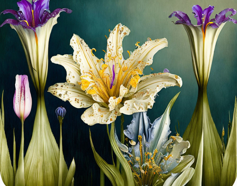 Detailed illustration of colorful lilies on dark background