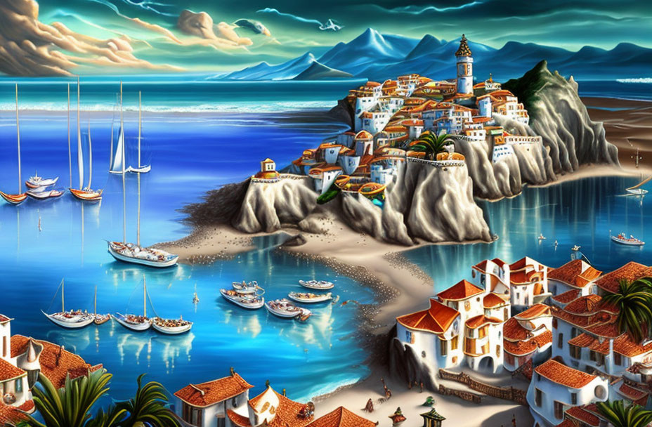 Colorful painting of coastal Mediterranean village with boats, lighthouse & white buildings