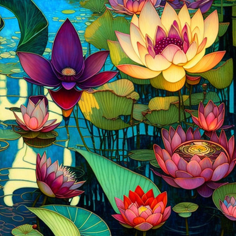 Colorful Lotus Flowers in Different Bloom Stages on Lily Pad Background