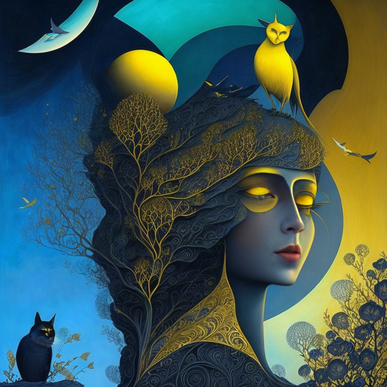 Surreal illustration of woman with tree-like hair, birds, cat, celestial bodies