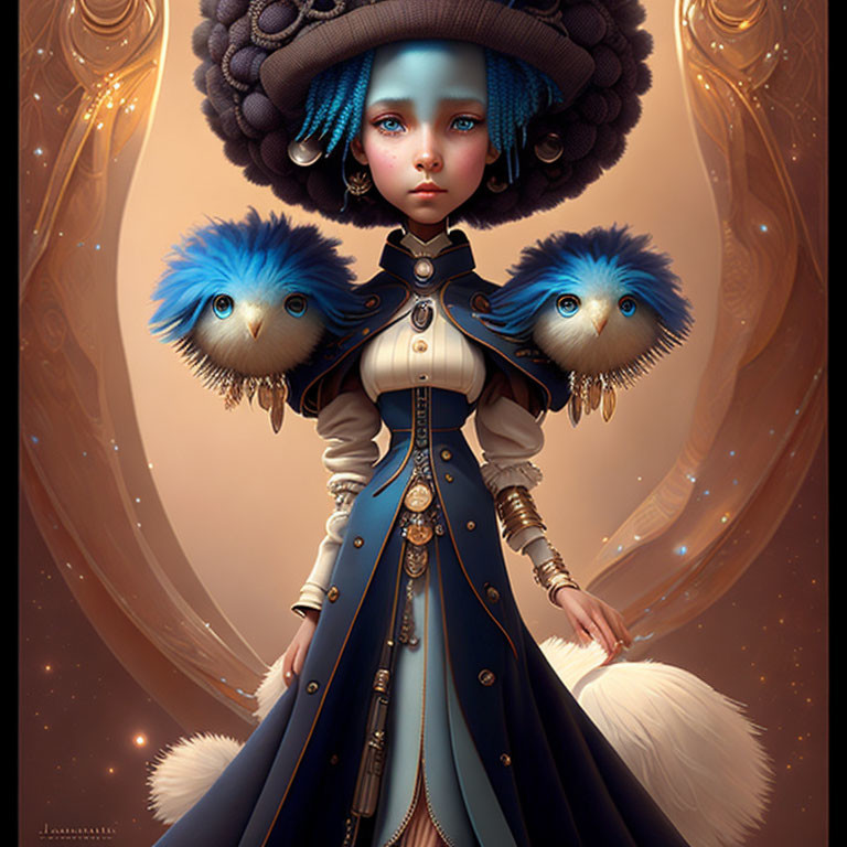 Digital Artwork: Girl with Blue Eyes in Victorian Outfit, Flanked by Fantastical Blue