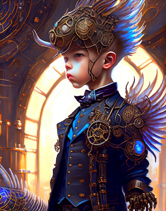 Stylized digital artwork of child in steampunk attire with mechanical wing and gear accessories