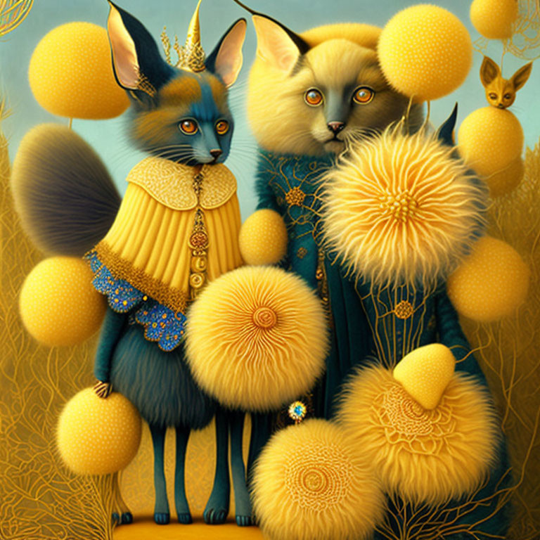 Anthropomorphic foxes in royal attire surrounded by golden orbs and foliage