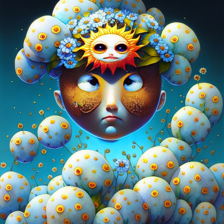 Surreal digital artwork: Floating face with large eyes, celestial bodies, flowers, and sun-like