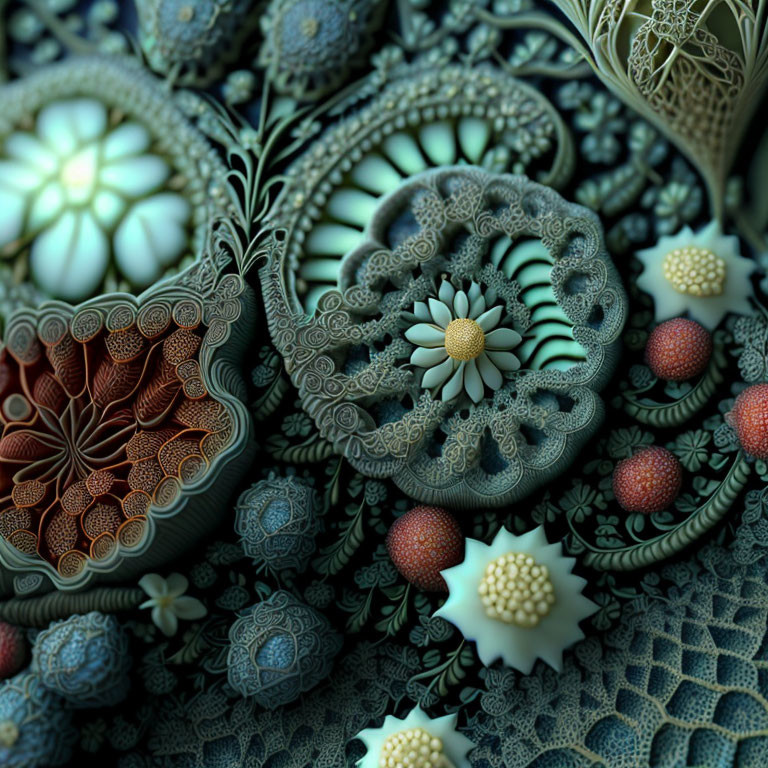 Detailed Fractal Art: Organic Floral Motif in Green, Blue, Earth Tones