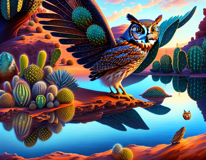 Detailed desert scene with owl, cacti, and colorful sky.