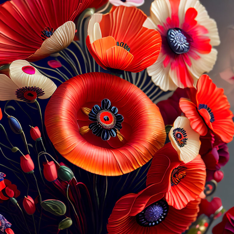 Colorful Stylized Flower Artwork in Red, Orange, and Black