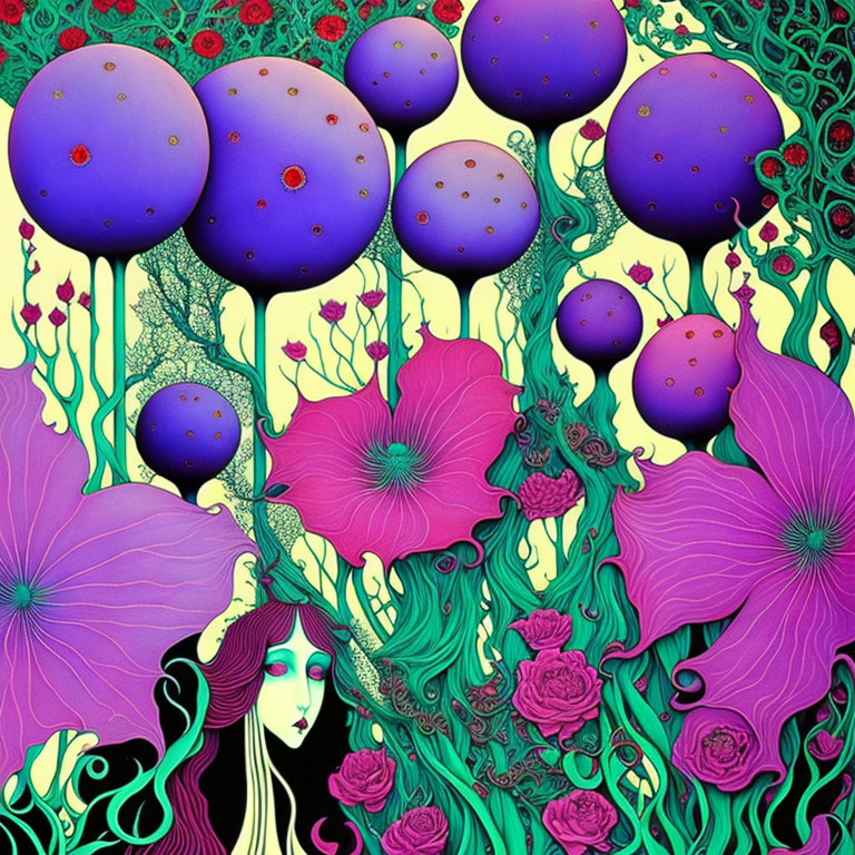 Stylized illustration of woman's face in vibrant floral landscape