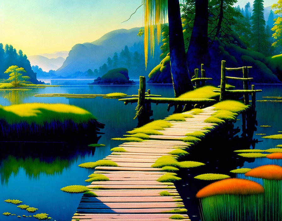 Vibrant landscape painting: wooden dock, green vegetation, blue lake, lush hills