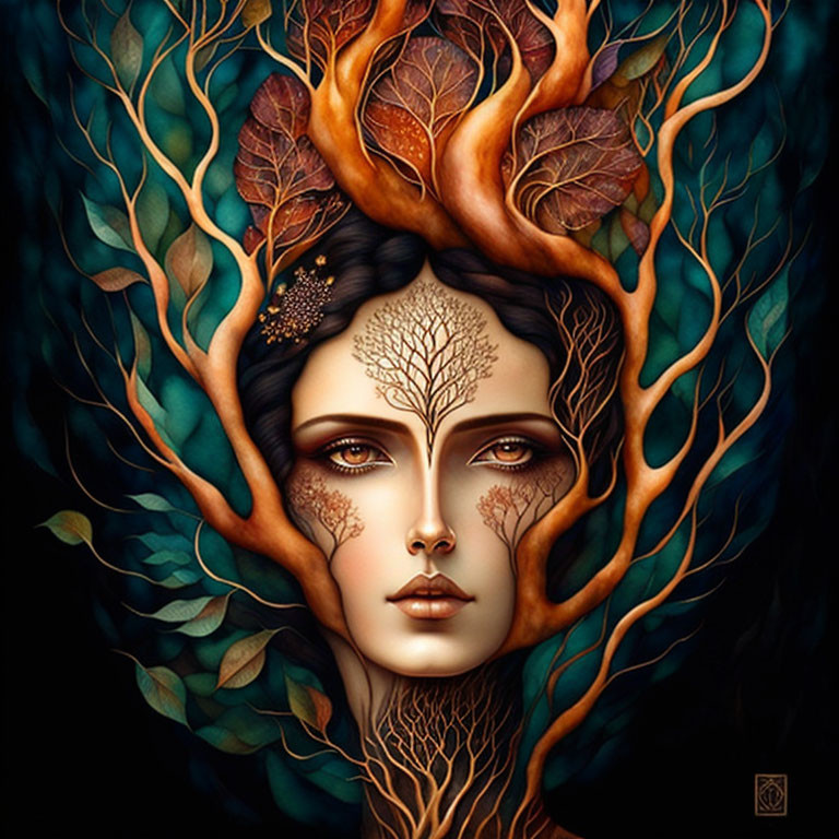 Surreal artwork: Woman's face entwined with tree branches