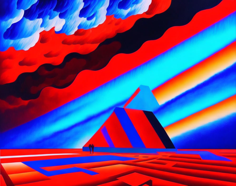 Colorful surreal landscape with geometric shapes and silhouetted figures