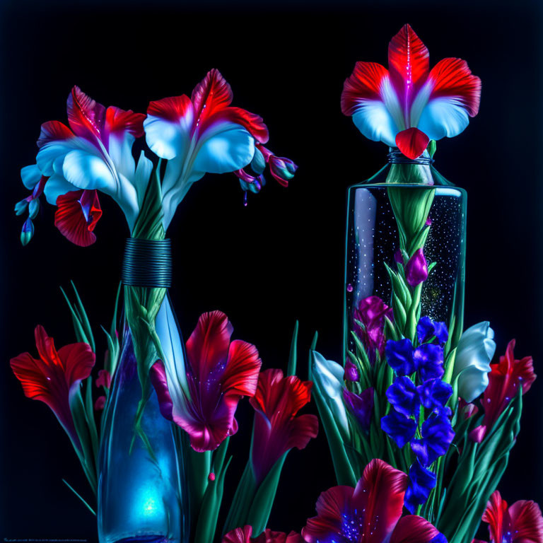 Colorful red and blue flowers in transparent vase on dark background