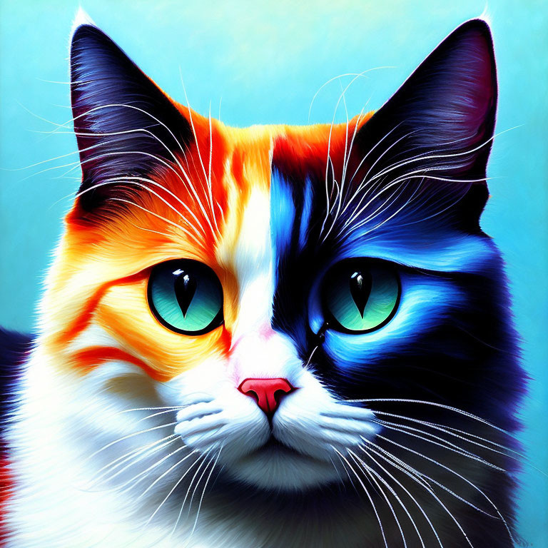 Colorful cat with blue eyes and calico fur pattern