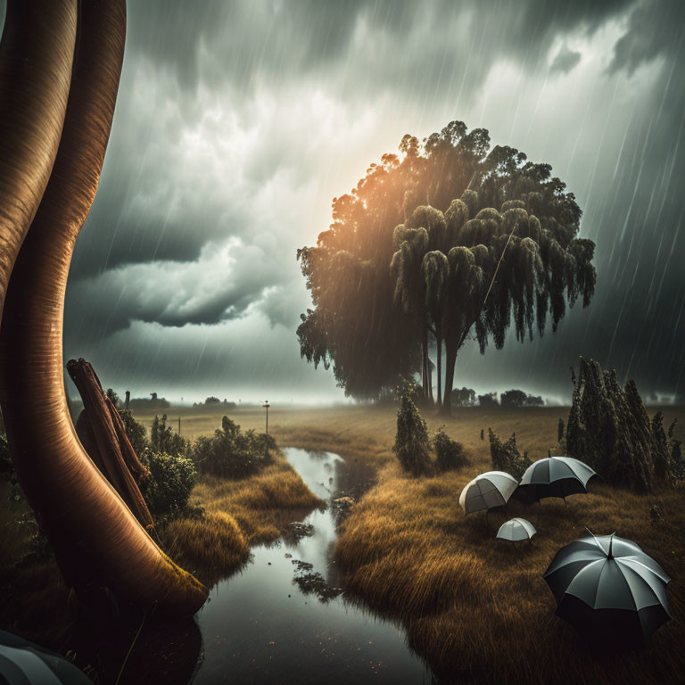 Stormy Sky Scene: Large Tree, Rain, Umbrellas, Snaking Structure