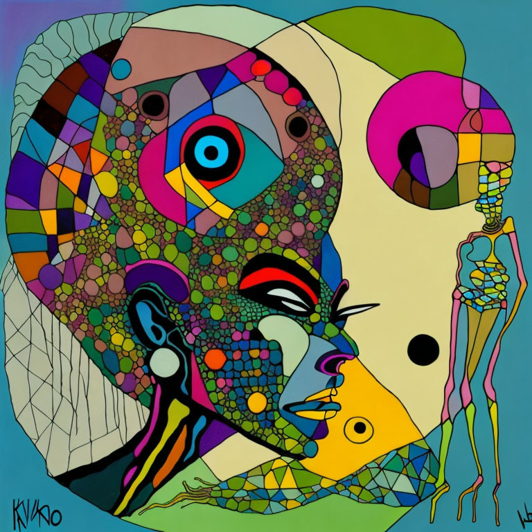 Vibrant abstract artwork of composite face with geometric shapes and patterns