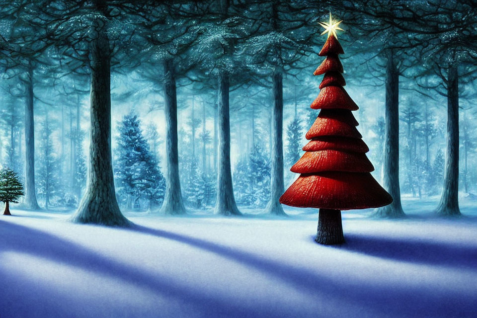 Snowy forest scene with red Christmas tree and star casting shadows