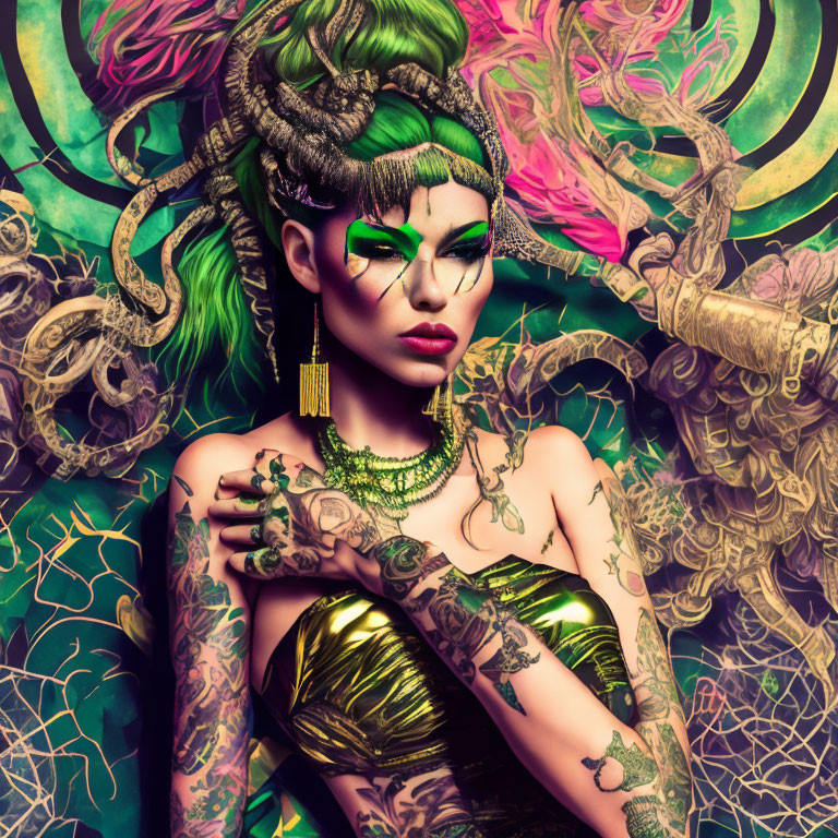 Stylized portrait of a woman with green snake-like hair and gold jewelry on vibrant serpent backdrop