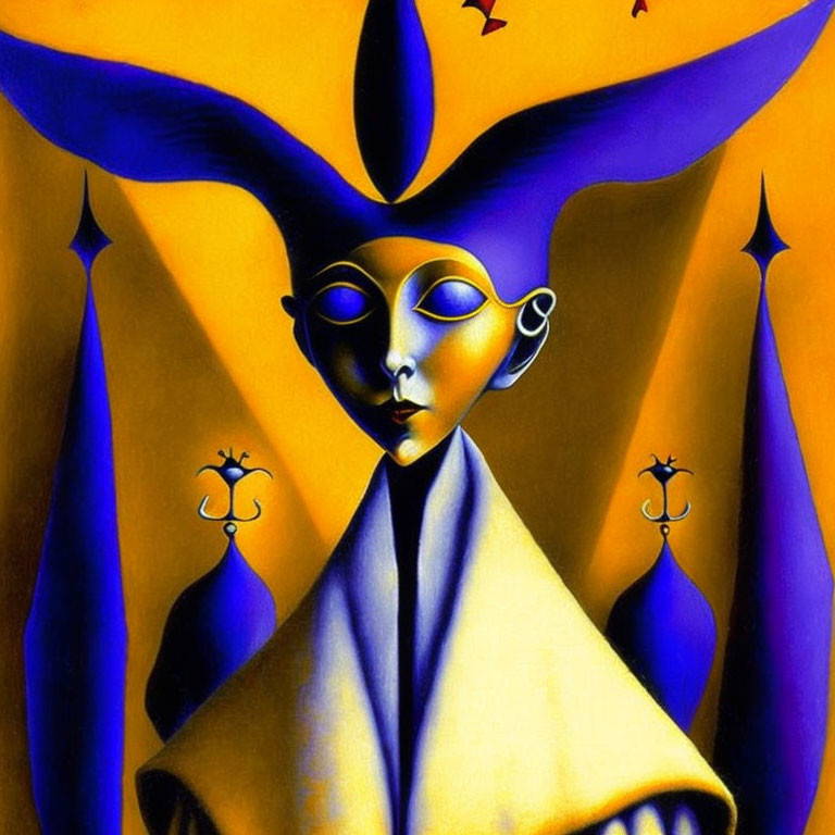 Vibrant surrealistic painting of face with abstract shapes in yellow and purple