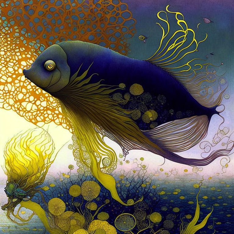 Large Fish Swimming Above Jellyfish in Detailed Underwater Scene