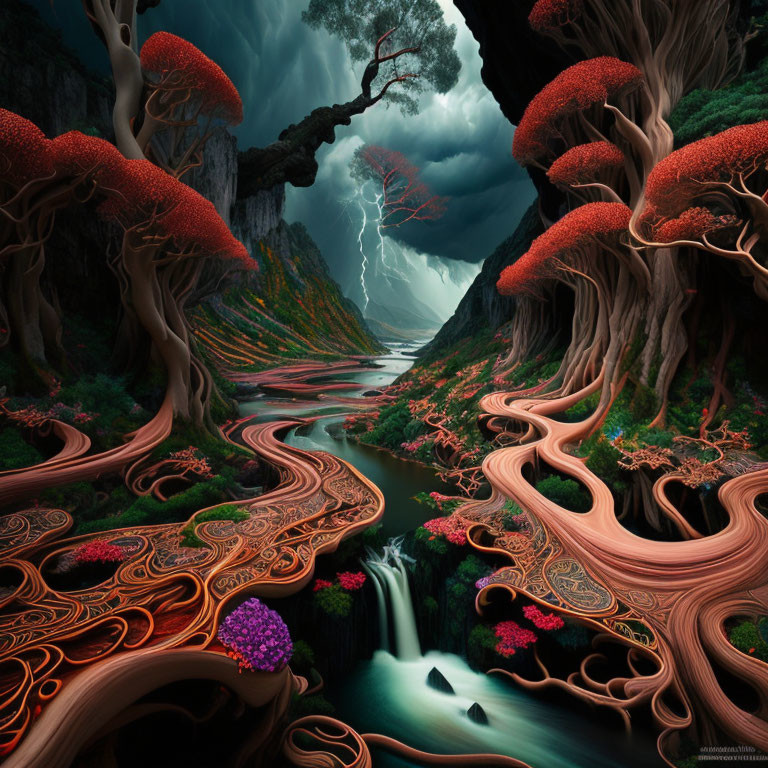 Fantastical landscape with red-canopied trees, rivers, stormy sky, lightning, cliffs