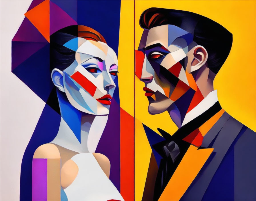 Vibrant geometric abstract painting of man and woman in gaze.