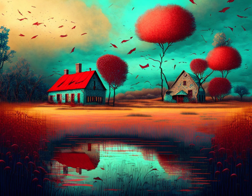 Surreal landscape with cottages, red trees, birds, and pond at twilight