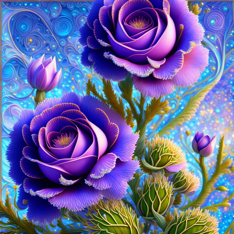 Vibrant blue roses on whimsical blue and purple background