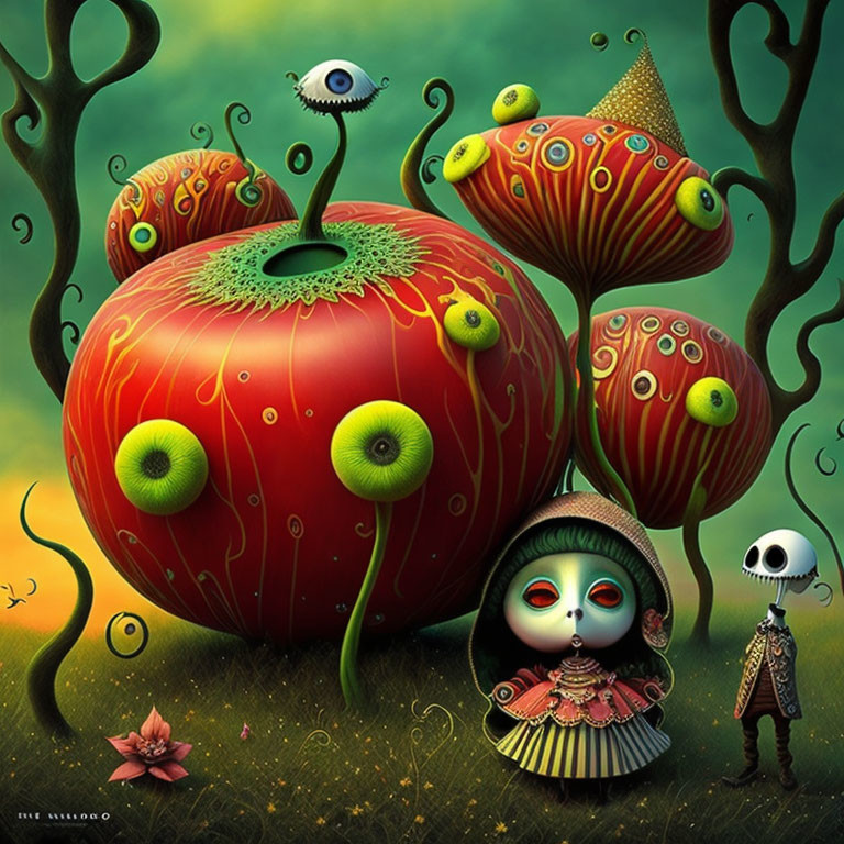 Colorful surreal illustration: red apple, doll-like and skeletal characters in whimsical landscape