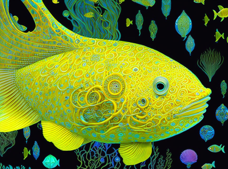 Vibrant Stylized Fish Illustration on Dark Background