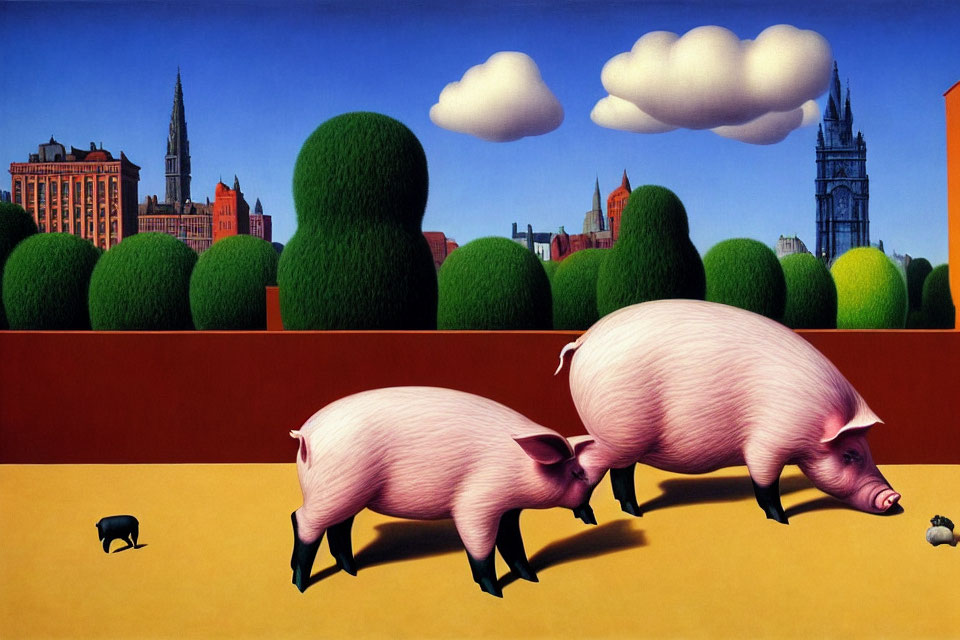 Surreal painting featuring three pigs in urban park setting