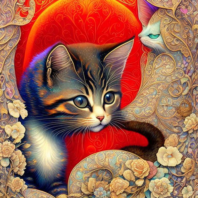 Two Cute Cats Illustration on Colorful Paisley Background