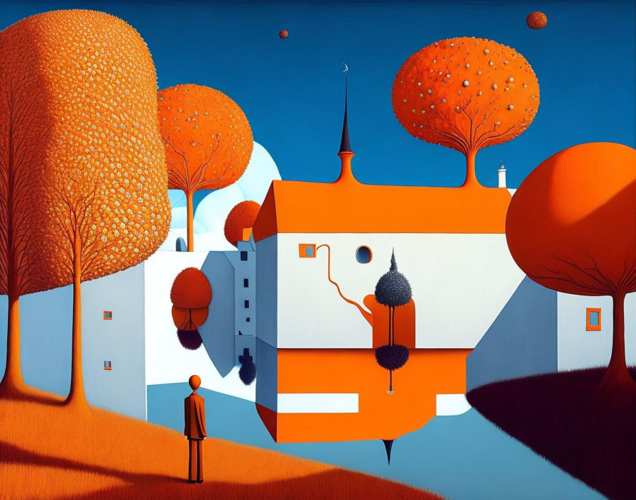 Surreal landscape with orange trees, white building, and solitary figure