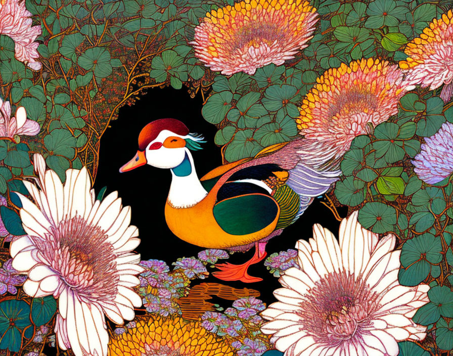 Vibrant mandarin duck with detailed flowers and lily pads on dark background