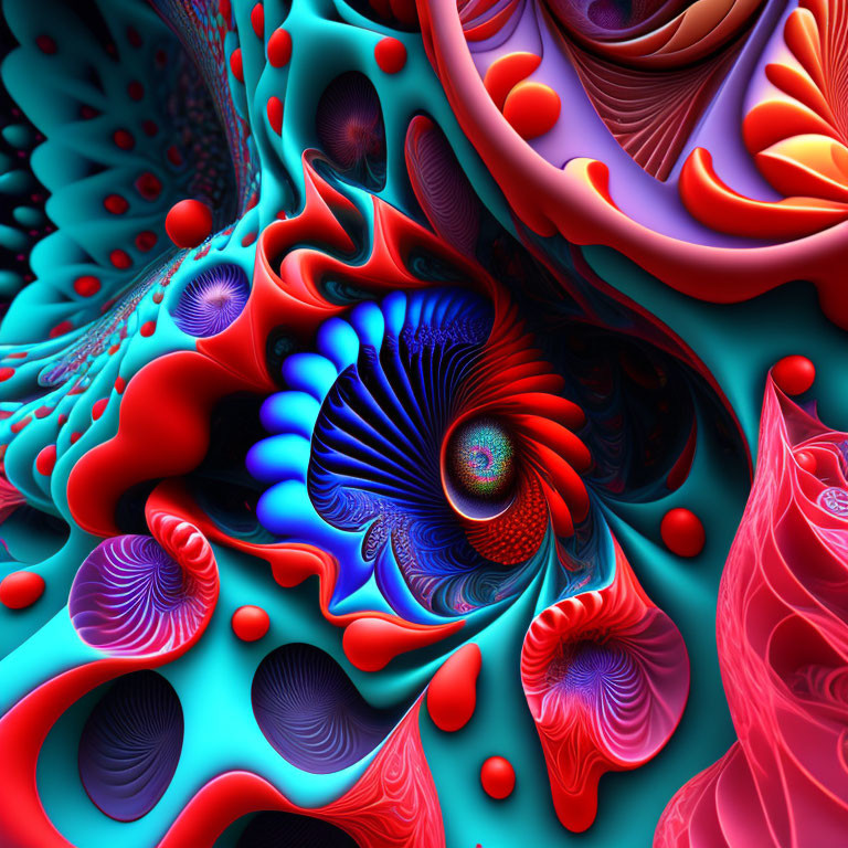 Colorful Fractal Art: Red and Turquoise Intertwining Shapes