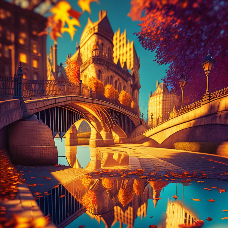 Vivid autumnal scene with orange leaves, stone bridge, and serene river