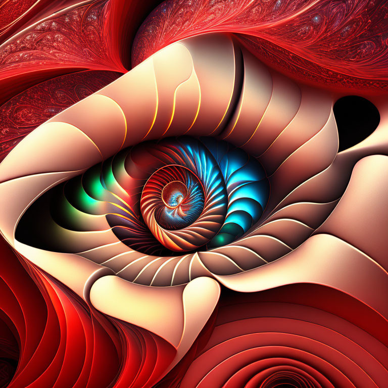 Colorful Fractal Image with Spiraling Red and Blue Pattern